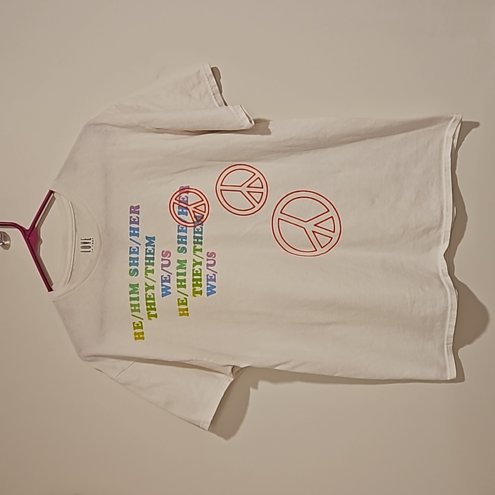 Love is Love pronouns LGBTQ graphic tee SEE BACK Large Be Kind PRIDE MONTH
